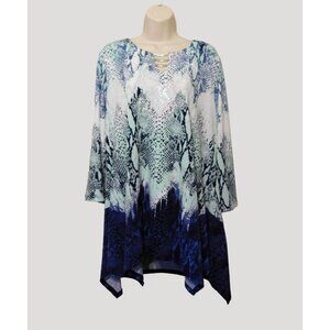JM Collection Womans Blue White Animal Print Top 2X Embellished Neckline